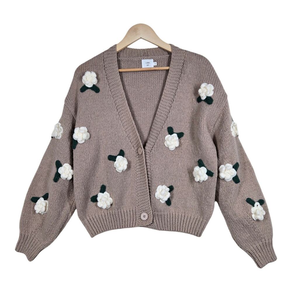 Luna Ivy Cardigan Sweater S Taupe 3D Floral Applique Coquette